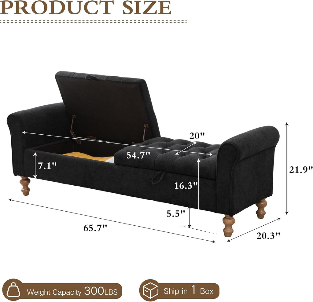 Chifee & Vingol 65" Storage Ottoman Bench Upholstered End of Bed Bench Modern Entryway Benches Double Openings Window Benches for Bedroom Living Room Entryway,Black