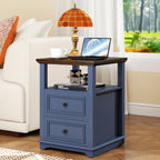 MUUEGM 18" End Tables for Living Room Farmhouse Night Stand with Charging Station Navy Blue Side Tables for Bedroom with 2 Drawers Bedside Table Rustic Wood