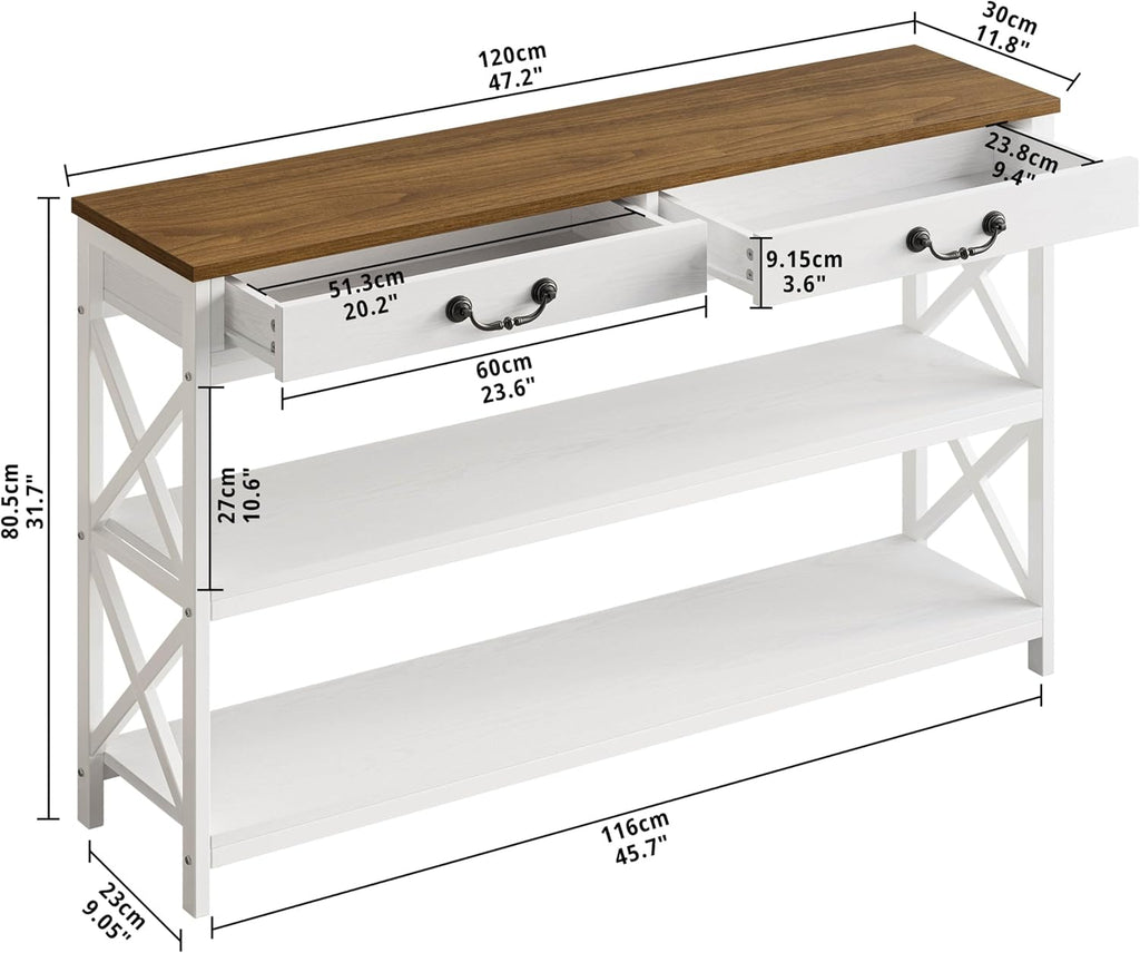 IRONCK 47.2" Farmhouse Console Table, Sofa Table with Drawer, Narrow Long Entry Table with 2 Shelf for Entryway, Living Room, Hallway, White/Walnut