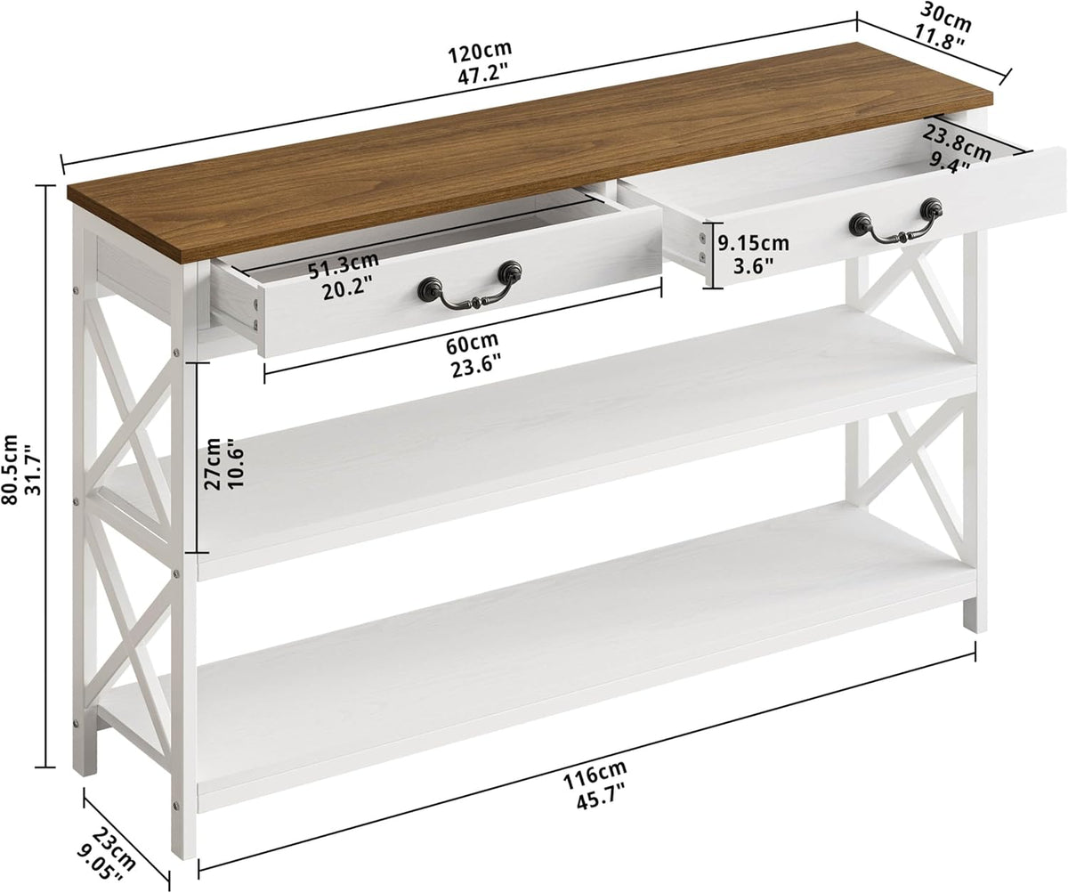 IRONCK 47.2" Farmhouse Console Table, Sofa Table with Drawer, Narrow Long Entry Table with 2 Shelf for Entryway, Living Room, Hallway, White/Walnut