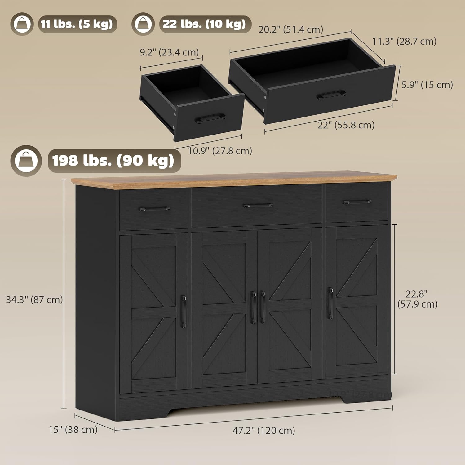 HOMCOM 47" Sideboard Buffet Cabinet, Farmhouse Credenza with Soft-Close Hinges, Coffee Bar Cabinet with Spice Racks, 3 Drawers and 3 Adjustable Shelves, Black
