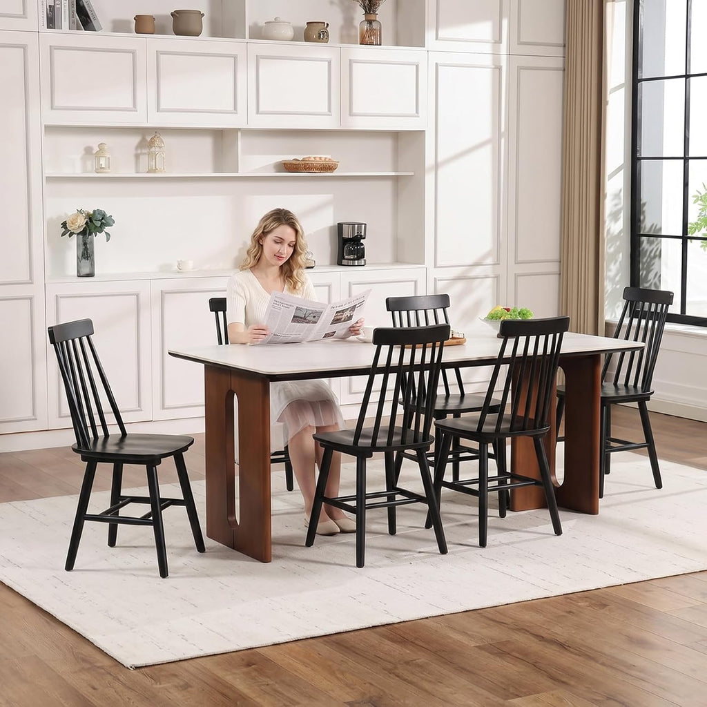 Black Dining Chairs Set of 6, Farmhouse Windsor Spindle Back | 17.5" Wide Seat, Solid Wood, Armless Design, Mid Century Modern, Kitchen & Dining Room Chairs, Easy Assembly