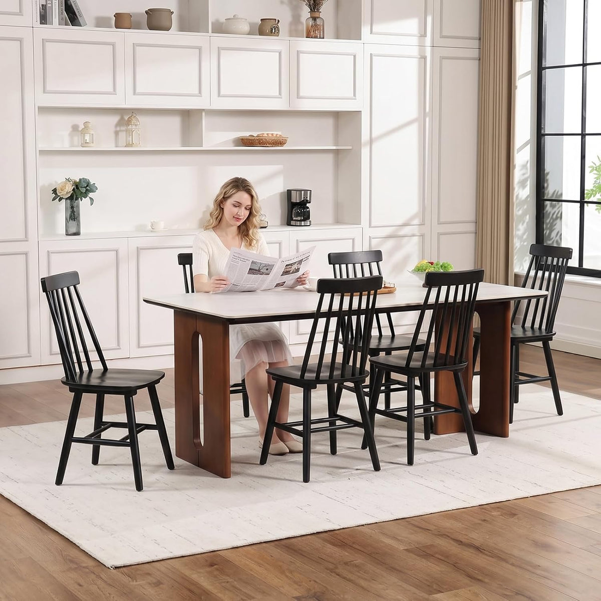 Black Dining Chairs Set of 6, Farmhouse Windsor Spindle Back | 17.5" Wide Seat, Solid Wood, Armless Design, Mid Century Modern, Kitchen & Dining Room Chairs, Easy Assembly