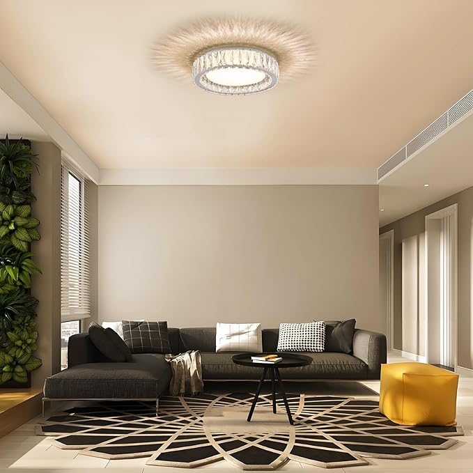 Modern K9 Crystal Dimmable LED Flush Mount Ceiling Light,15 Inch 36W/5CCT 3000K-6000K Luxury Chrome Round Close to Ceiling Lighting Fixtures for Living Room,Kitchen,Bedroom,Dining Room