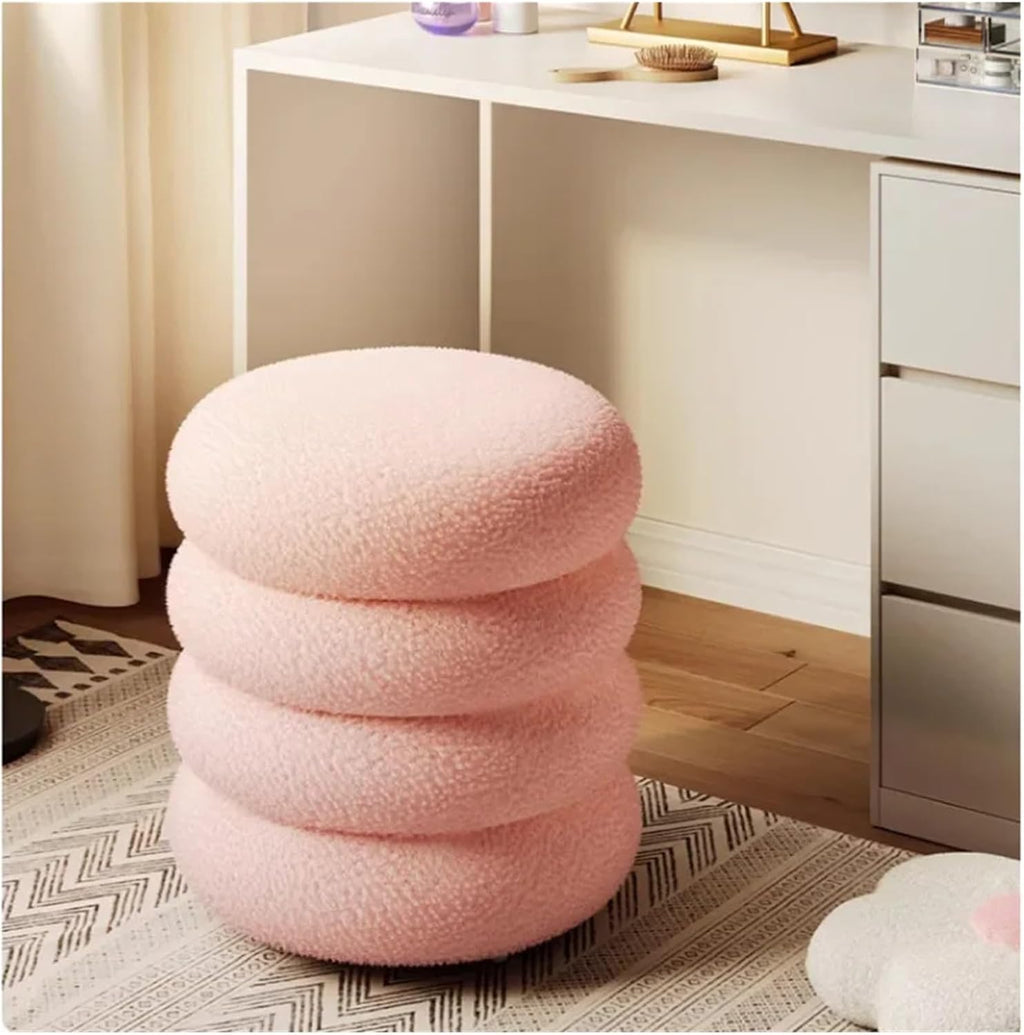 Soft Lamb Wool Ottoman Cream Vanity Stool for Girls' Makeup Bedroom Chair with Minimalist Design Round Pouf Ottoman,35x40cm Pink-One Size