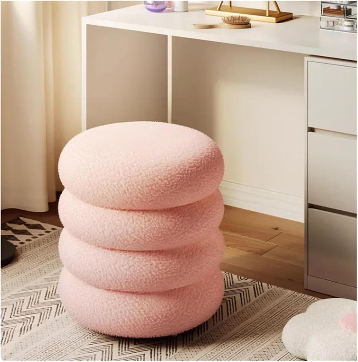 Soft Lamb Wool Ottoman Cream Vanity Stool for Girls' Makeup Bedroom Chair with Minimalist Design Round Pouf Ottoman,35x40cm Pink-One Size