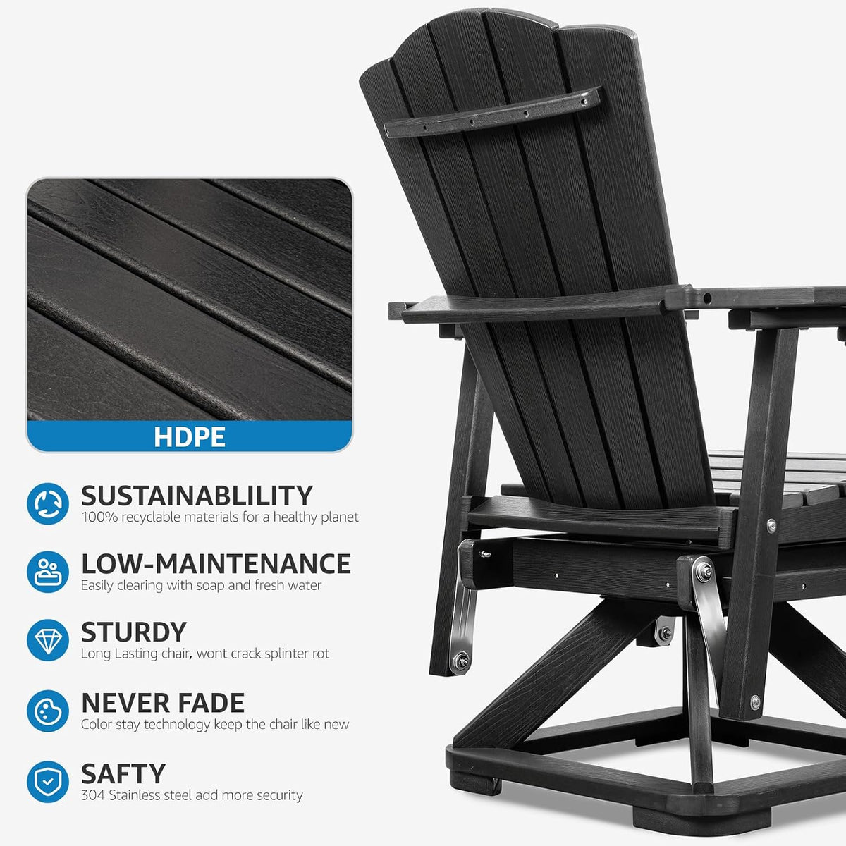 LETKIND Adirondack Swivel Glider Chair, Weather Resistant Adirondack Outdoor Rocking Chair, HDPE Glide for Outside, All-Weather Glider Chair for Porch, Balcony, Lawn, Black
