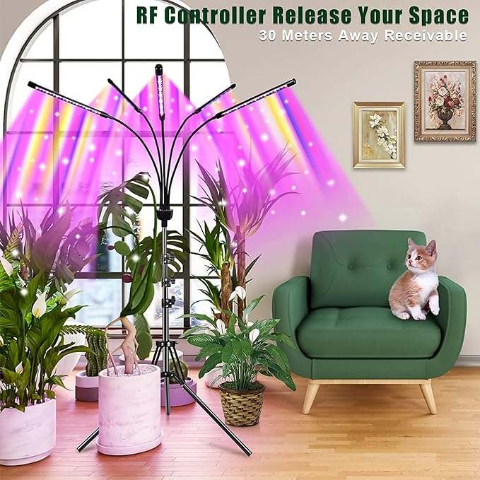 Grow Lights for Indoor Plants,5 Heads Red Blue White Full Spectrum Plant Light with 15-60" Adjustable Tripod Stand, Indoor Grow Lamp with Remote Control and Auto On/Off Timer Function