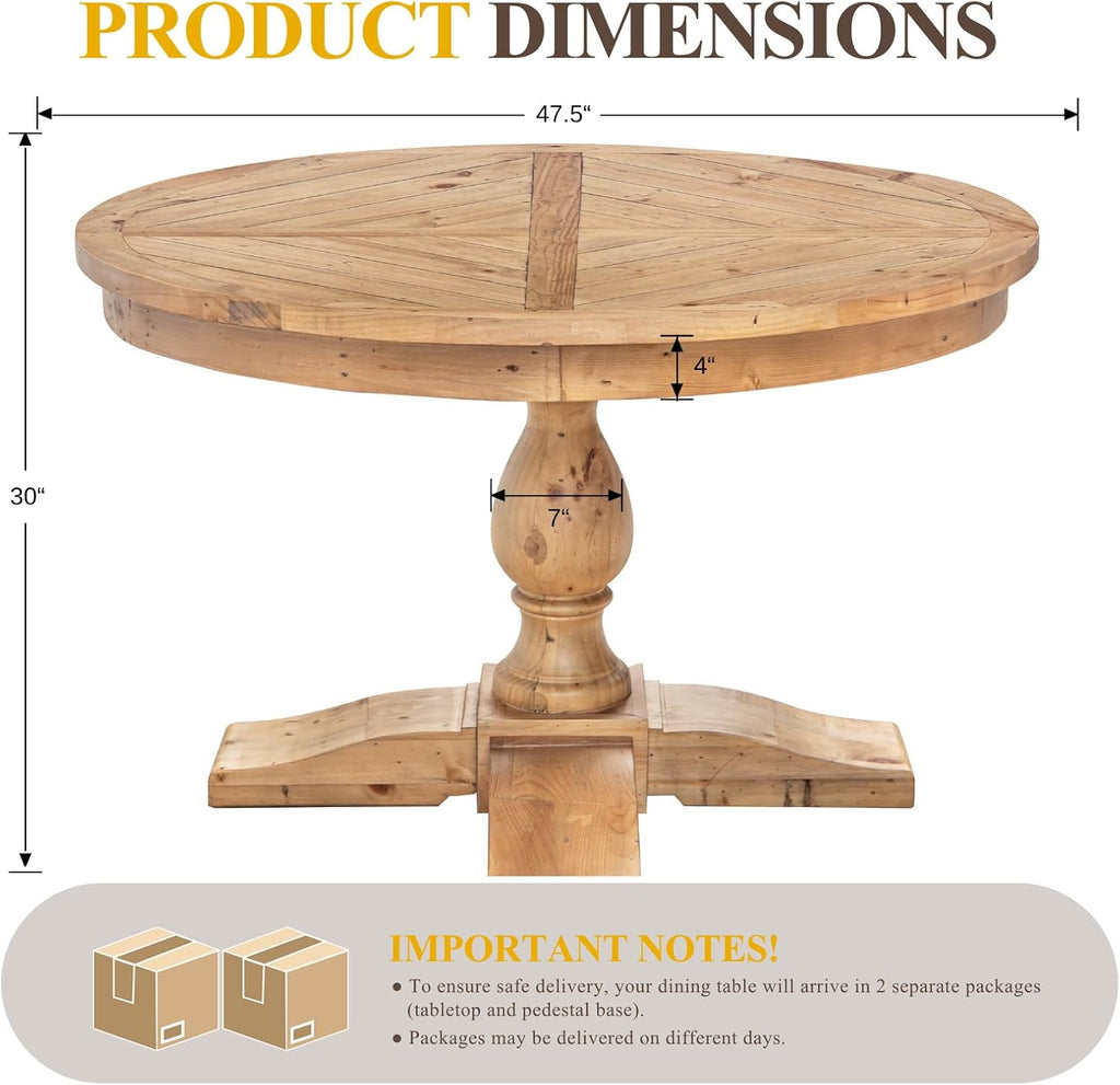 47" Round Dining Table with Wooden Pedestal Base, Reclaimed Pine Wood Dinner Table for 4, Heavy Duty Pedestal Table for Kitchen/Dining Room/Living Room/Restaurant, Natural