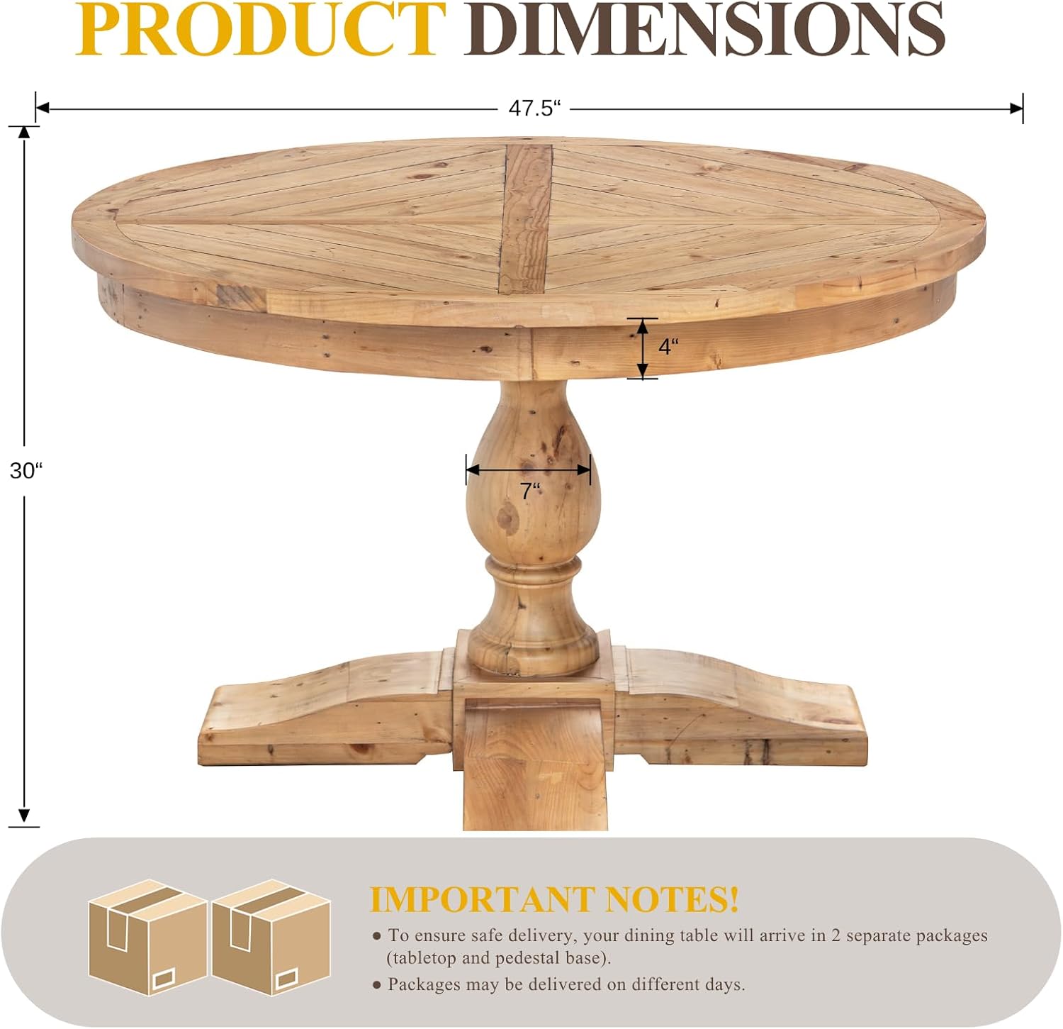 47" Round Dining Table with Wooden Pedestal Base, Reclaimed Pine Wood Dinner Table for 4, Heavy Duty Pedestal Table for Kitchen/Dining Room/Living Room/Restaurant, Natural