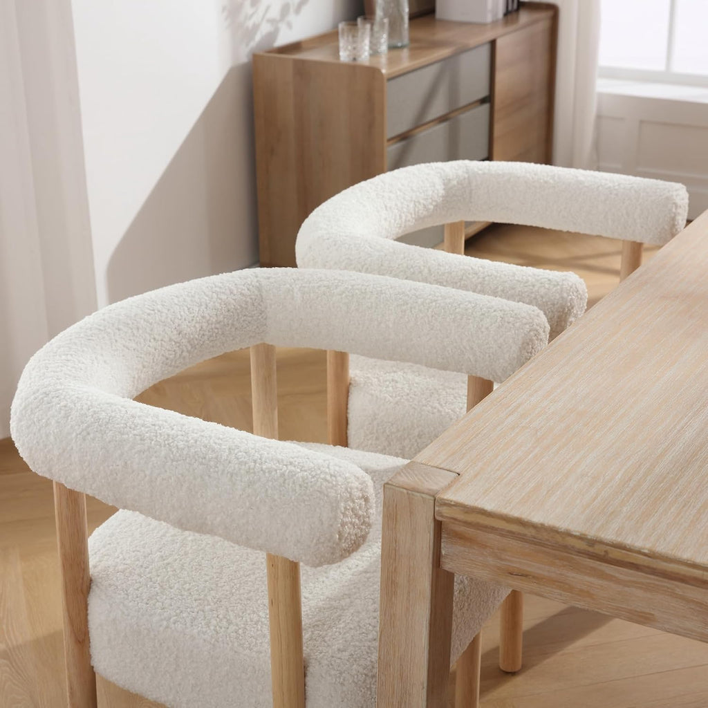 BESTANO Mid-Century Modern Dining Chairs Set of 2 Armrest Barrel Dining Chairs Side Chairs with Curved Back, Upholstered Wood Armchairs for Kitchen, Sherpa White