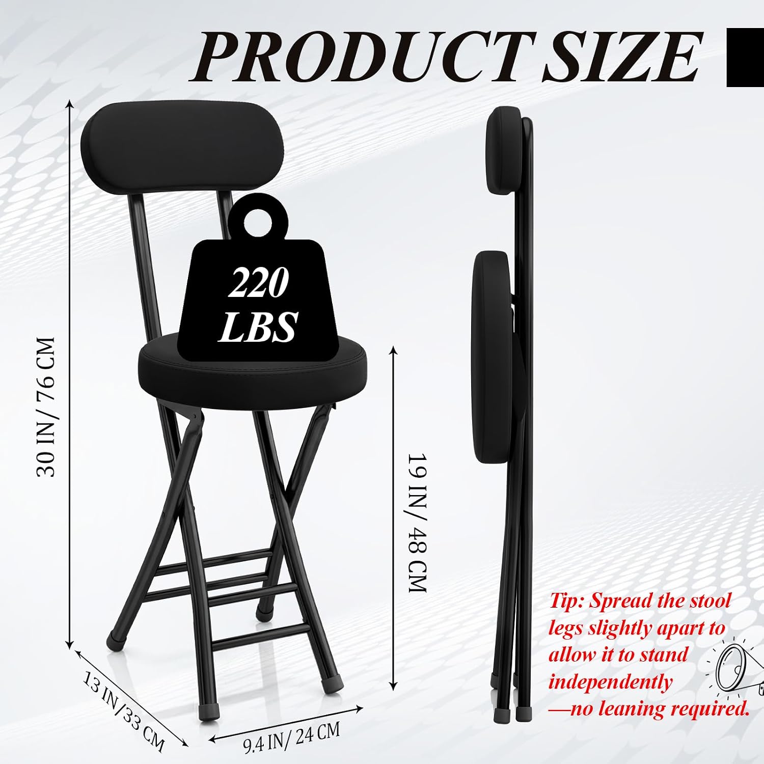 4 Pack Folding Bar Stool Cushioned Padded Folding Stool, 19 Inch Height Bar Stools with Backrest, Faux Leather Seat, Black Foldable Chair Support 220 LBS for Kitchen Room Hiking Camping Fish