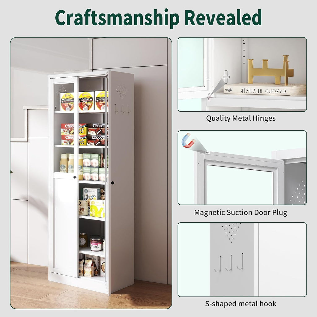 Kitchen Pantry Cabinet, 72" Tall Farmhouse Storage Cabinet, Kitchen Storage Cabinet with with Glass Doors and 5 Shelves, Cupboards Storage Shelf for Dining Room Use, Assembly Required
