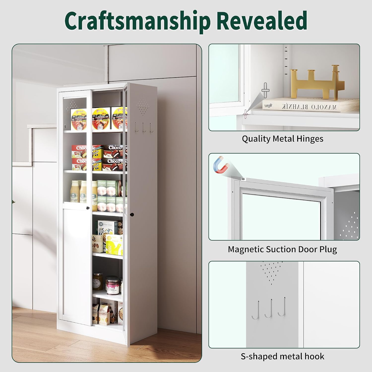 Kitchen Pantry Cabinet, 72" Tall Farmhouse Storage Cabinet, Kitchen Storage Cabinet with with Glass Doors and 5 Shelves, Cupboards Storage Shelf for Dining Room Use, Assembly Required