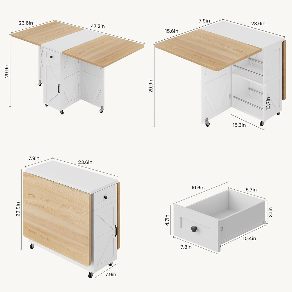 Jocoevol Folding Dining Table for Small Spaces, Foldable Kitchen Table with Drawer, 2-Tier Storage Shelf & Wheels, Space Saving Dining Table for 2 4, Farmhouse, (Natural 47.2" x 23.6" x 29.5")