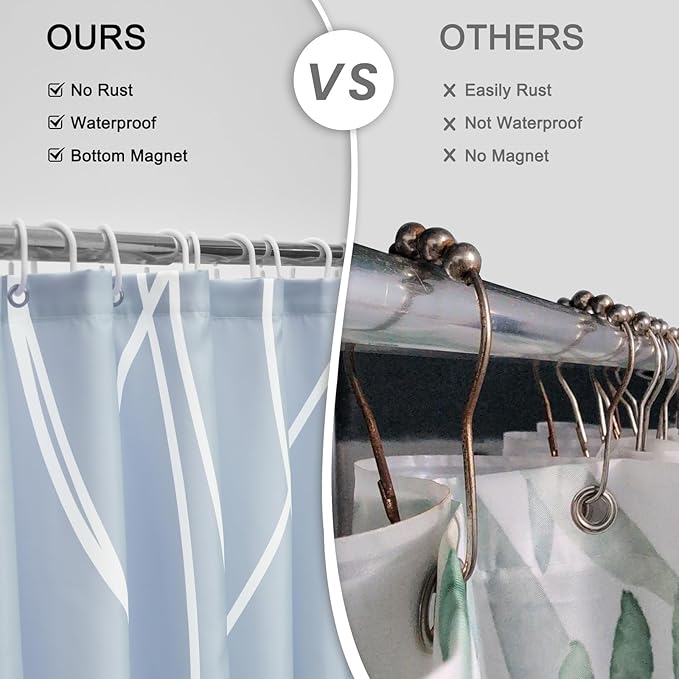 Punkray Light Blue Shower Curtain for Bathroom with Hooks, Shower Curtain Set, White Stripe Bath Curtains Decorative Shower Curtains Water Repellent Washable, 72 x 72