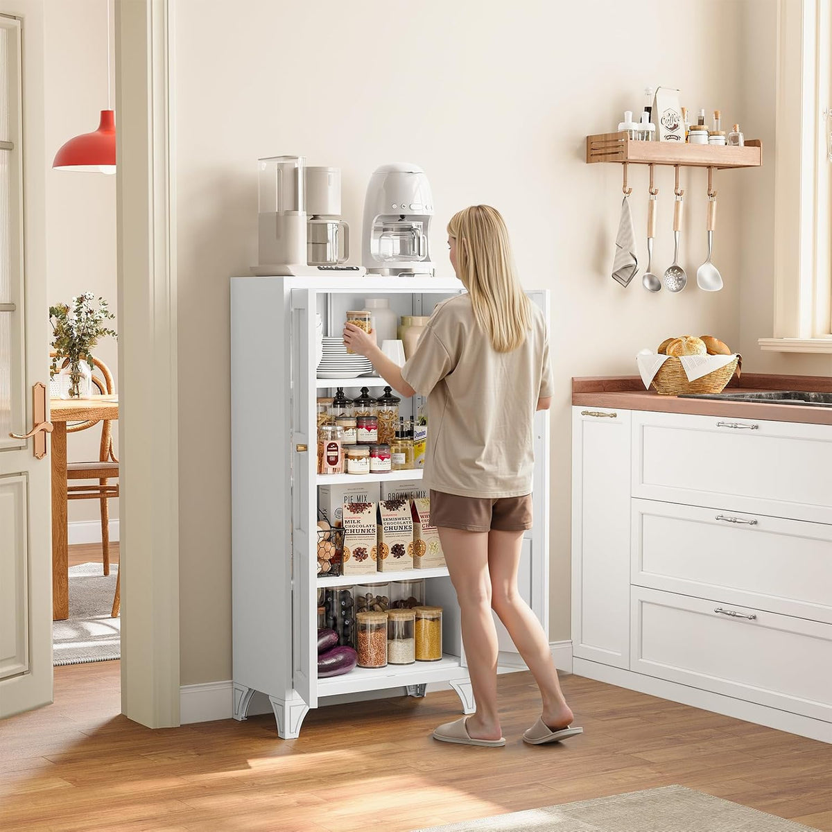 Yizosh Metal Storage Cabinet with Doors and 3 Adjustable Shelves - 47" White Kitchen Pantry Storage Cabinet Locker for Kitchen,Living Room,Dining Room