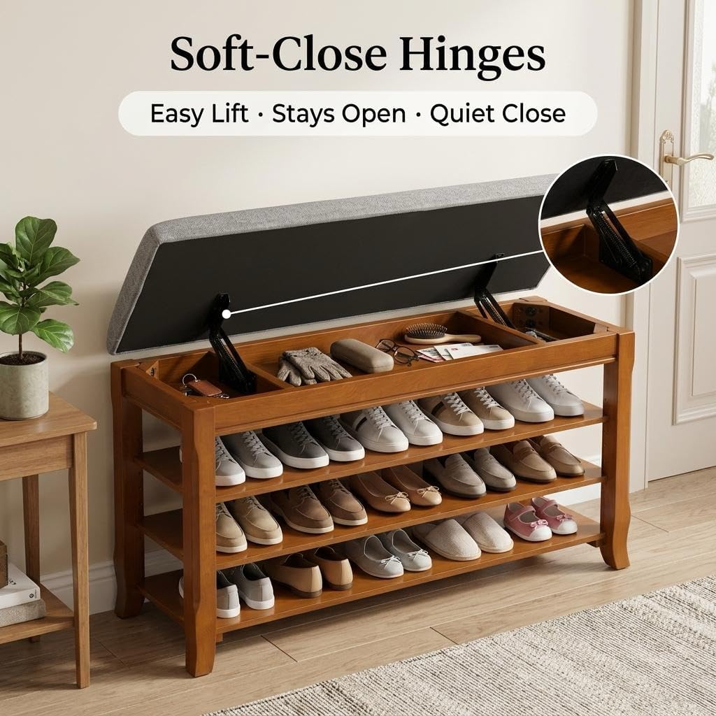 SolidWood Entryway Shoe Rack Storage Bench, Flip-Top Soft-Close Lid, 39.4'' | 550 lbs Max Load, Adjustable Shelves, Cushioned Entryway Shoe Organizer for Closet, Hallway, Foyer