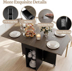 GOFLAME Drop Leaf Dining Table for 2-4, Folding Kitchen Table with Open Shelves & Drawer, Lockable Wheels, Space Saving Extendable Table for Dining Room, Living Room, Small Space, Grey Oak & Black