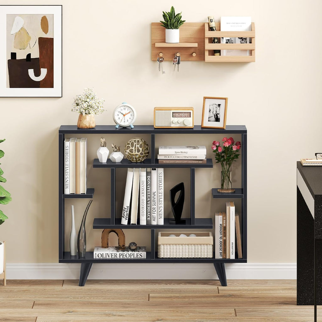 Giantex 3 Tier Geometric Bookshelf, Modern Freestanding Bookcase w/Staggered Shelves, Decorative Open Storage Display Shelves with Legs, Mid Century Storage Organizer for Living Room (Dark Gray)