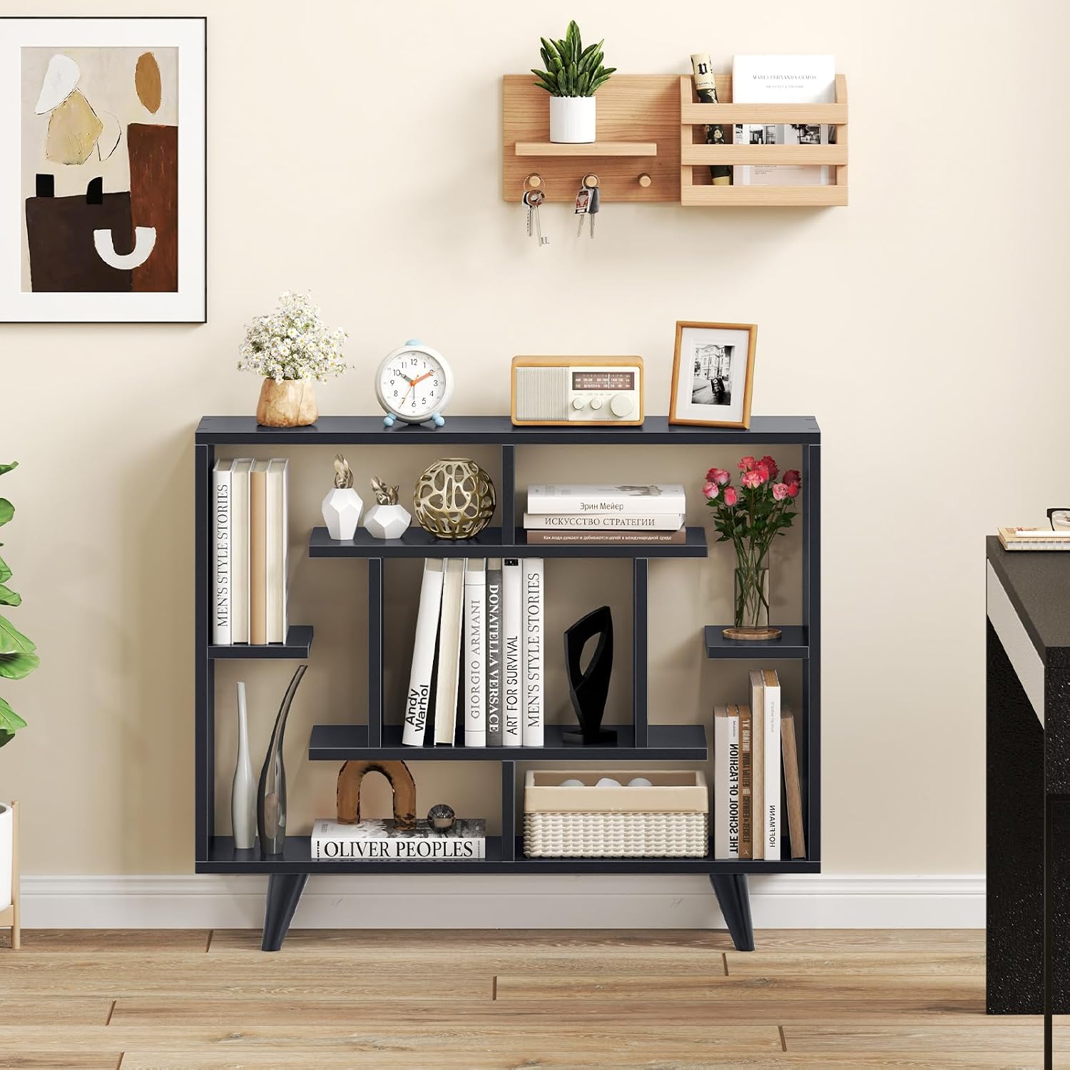 Giantex 3 Tier Geometric Bookshelf, Modern Freestanding Bookcase w/Staggered Shelves, Decorative Open Storage Display Shelves with Legs, Mid Century Storage Organizer for Living Room (Dark Gray)