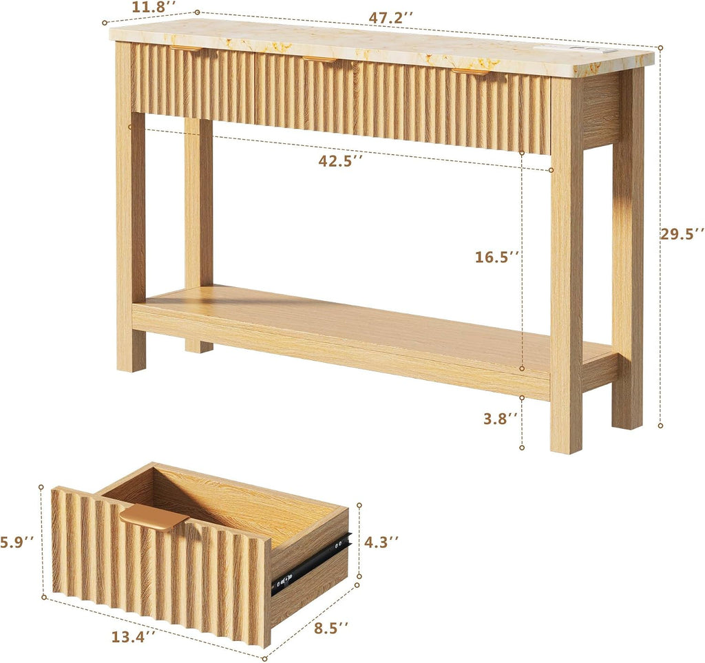 HUAHUU 47.2" Fluted Console Table with 3 Drawers, Long Sofa Table with Storage Behind Couch, Modern Entryway Table with Power Outlet & Open Storage for Entrance/Hallway/Foyer/Living Room, Oak