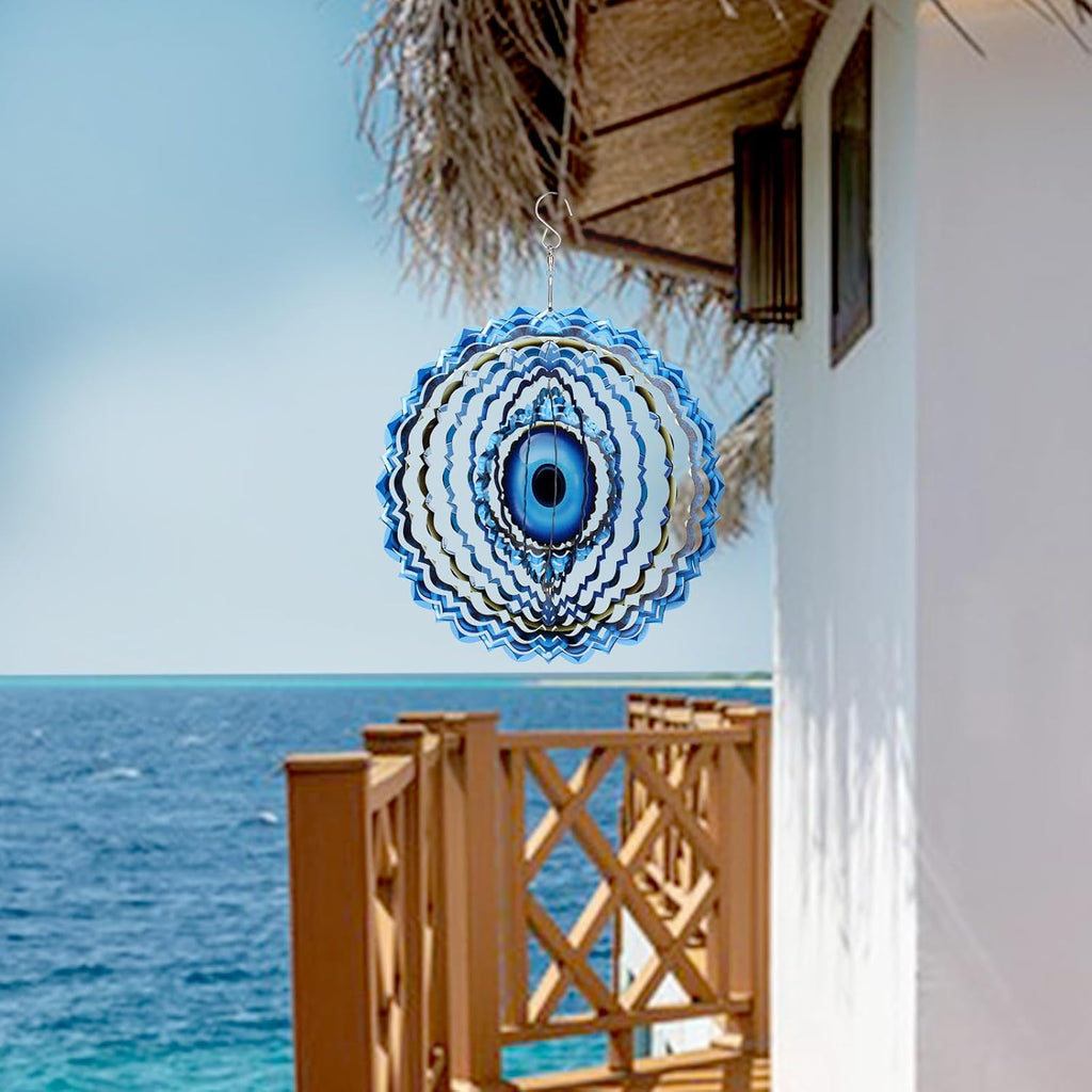 Blue Evil Eye Hanging Wind Spinners Outdoor Metal Evil Eye Decor Mandala 3D Stainless Steel Wind Spinner Protective Amulet for Home Outdoor Garden Yard Decoration (Layered)