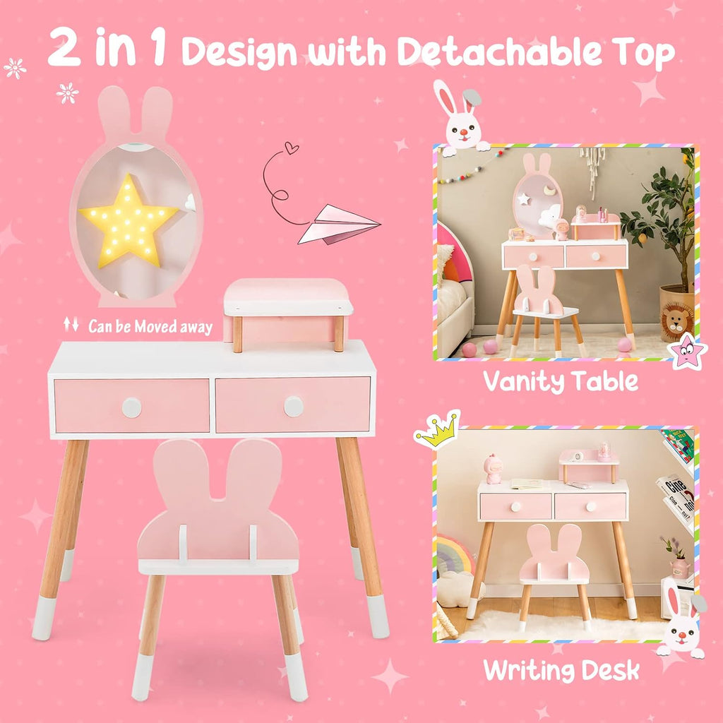 Costzon Kids Vanity, Girls Vanity Set with Mirror & Stool, 2 Large Drawers, Storage Shelf, Wooden Princess Makeup Dressing Table, Kids Vanity Table and Chair Set (Pink)