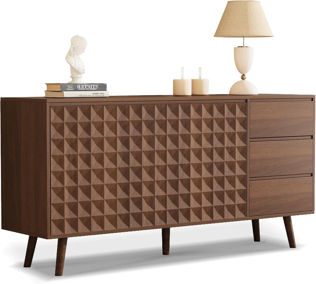 60" Buffet Cabinet with Storage, Sideboard Buffet Cabinet with 3 Drawers and 2 Doors, Mid Century Modern Coffee Bar Cabinet/TV Stand with Adjustable Shelves, Dark Brown