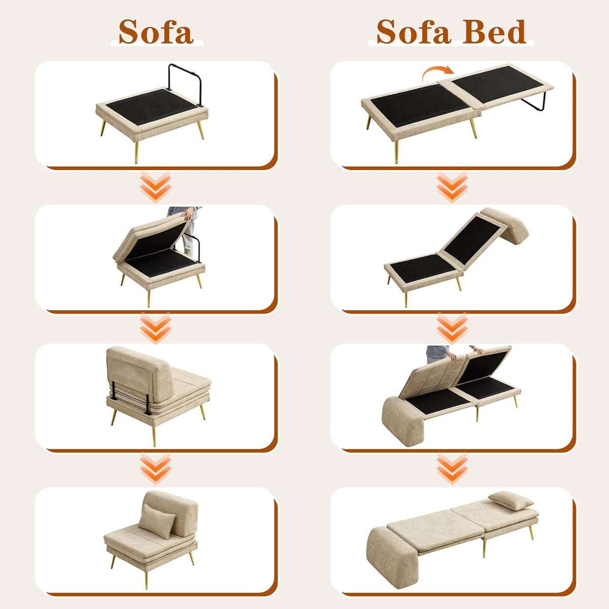 wanan 3-in-1 Convertible Sleeper Chair Bed, Futon Sofa Chair with Back Support & Pillow, Comfy Reading Chair for Adults with Solid Wood Frame & Sturdy Metal Legs for Living Room, Bedroom, Beige