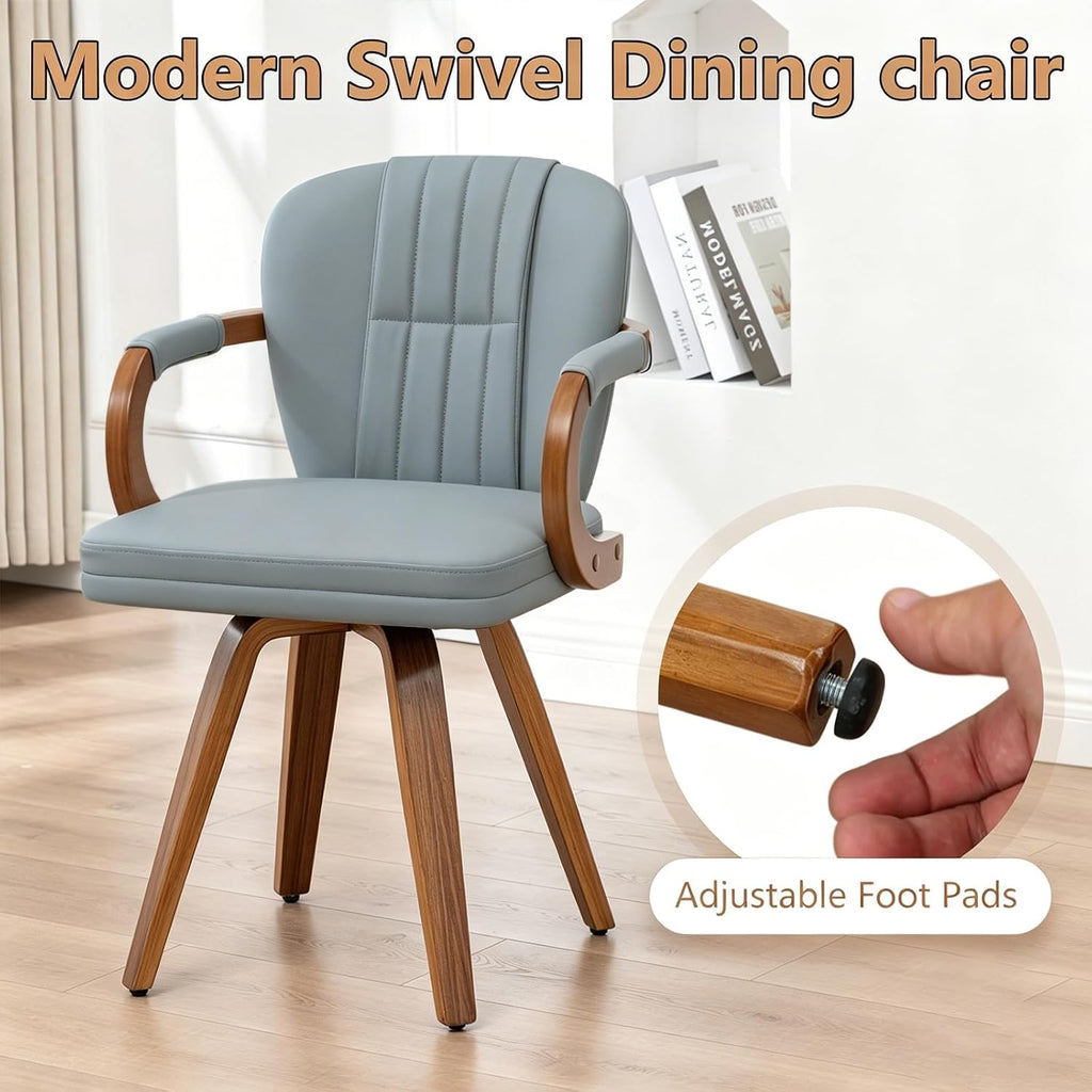 Swivel Dining Chairs with Arms | Mid Century Modern Blue Faux Leather Kitchen Chairs,Bentwood Side Chairs,Ergonomic Wood Accent Chair No Wheels 1PCS