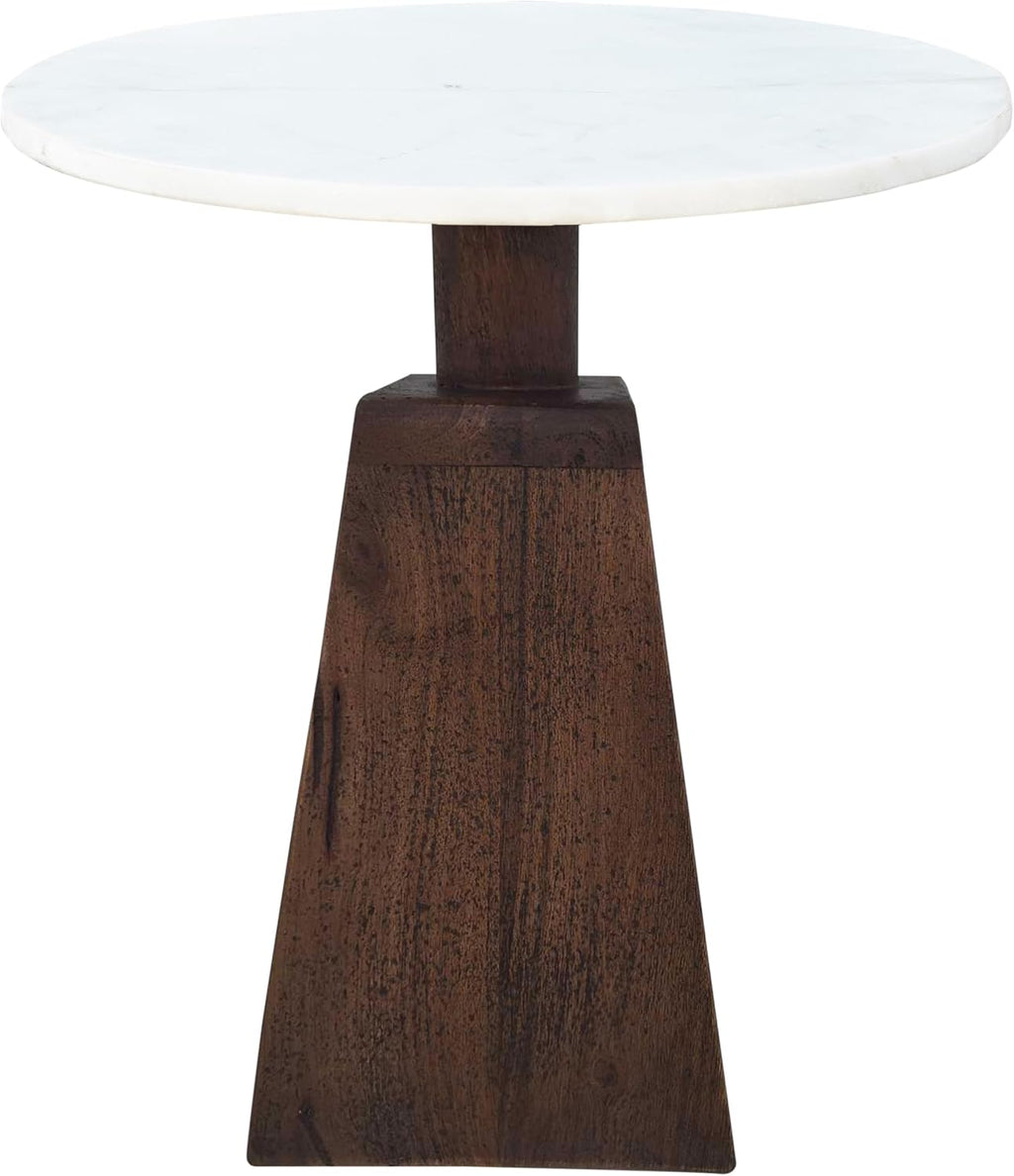 Port Blair Side End Table, 16.5 Inch Height, Round White Genuine Marble Top, Handcrafted Mango Wood Base, Modern Accent Table for Living Room, Bedroom, Entryway and Home Decor Display