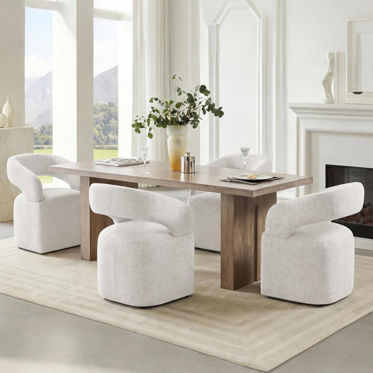 KISLOT Upholstered Dining Chairs Set of 4, Modern Arm Kitchen & Dining Room Chairs with Hidden Casters, Linen Fabric Padded Rolling Chairs, Sturdy Wood Frame, 300 lbs Capacity, Beige