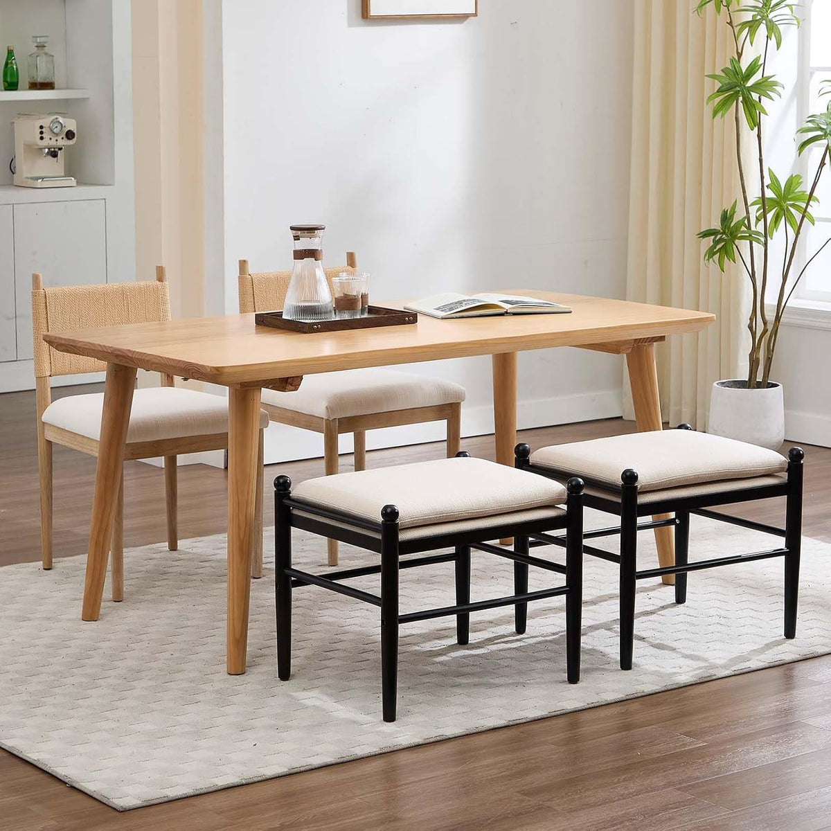 Kmax Ottoman Bench, 19 Inch Tall Vanity Makeup Chairs No Wheels, Upholstered Ktichen Chairs Backless Wooden Side Chairs for Dining Room, Extra Seating for Living Room - Linen, White