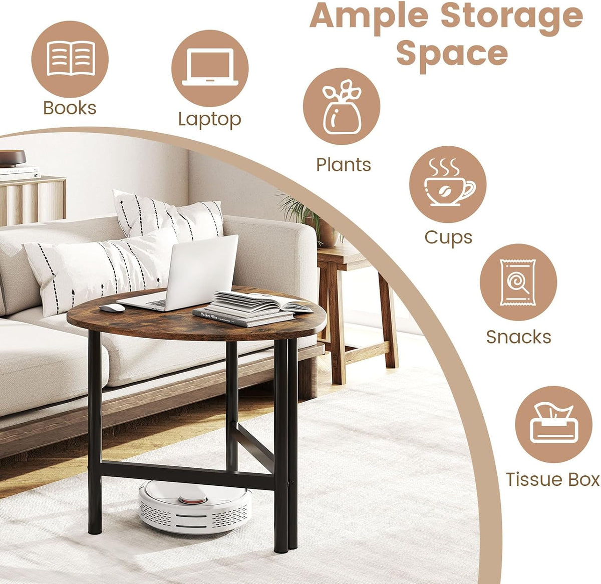 Giantex Triangle End Table, Wood Side Table with Metal Legs, Sofa Couch Accent Tables, Small Coffee Table for Small Space Living Room, Nightstand for Bedroom, Rustic Brown & Black