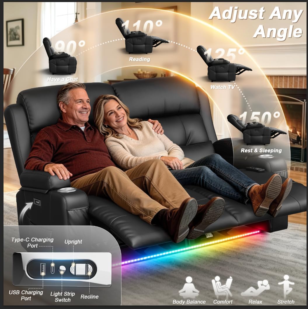 Power Reclining Loveseat with Massage & Heat,Wall Hugger Loveseat Recliner with LED Lights,USB & Type-C Ports, Ideal for RV, Home Theater and Living Room,Black,2 Seats