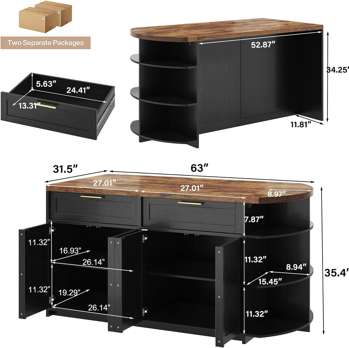 HSH 63 Inch Large Kitchen Island with Storage and Seating, Rustic Brown | Stationary Island Table with Storage Drawers, Cabinets, Oval Open Shelves, Wood Counter Prep Island for Kitchen Dining Room