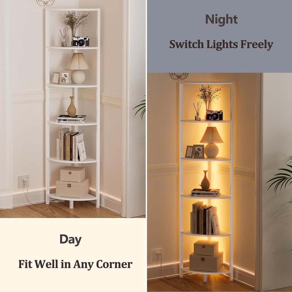 Furnulem 6 Tier Corner Shelf with LED Light, 67.5" White Narrow Bookshelf | Tall Standing Shelf Organizer, Storage Rack for Wall Corner, Living Room, Bedroom, Metal Frame, Wood Display Shelf