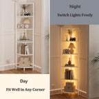 Furnulem 6 Tier Corner Shelf with LED Light, 67.5" White Narrow Bookshelf | Tall Standing Shelf Organizer, Storage Rack for Wall Corner, Living Room, Bedroom, Metal Frame, Wood Display Shelf