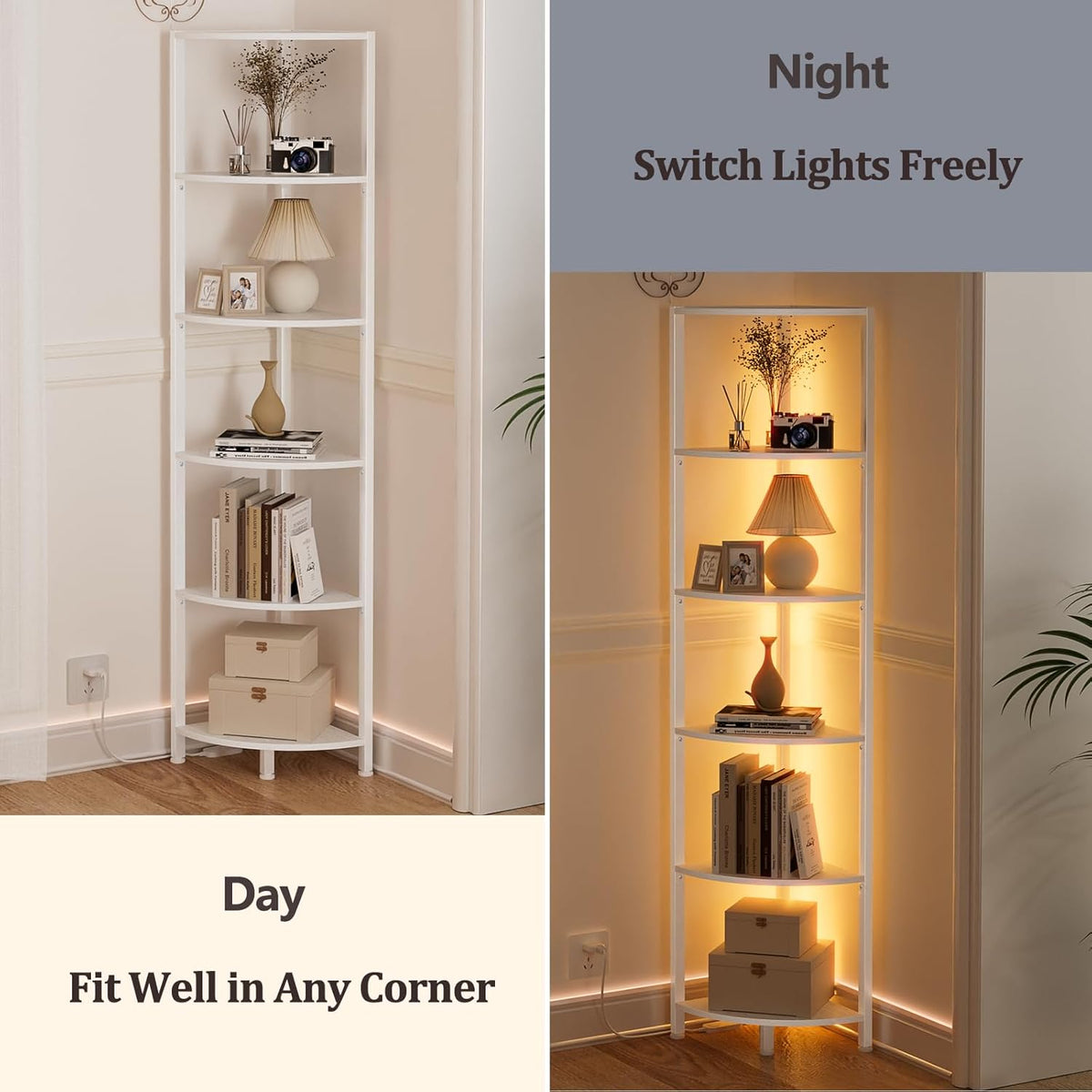 Furnulem 6 Tier Corner Shelf with LED Light, 67.5" White Narrow Bookshelf | Tall Standing Shelf Organizer, Storage Rack for Wall Corner, Living Room, Bedroom, Metal Frame, Wood Display Shelf
