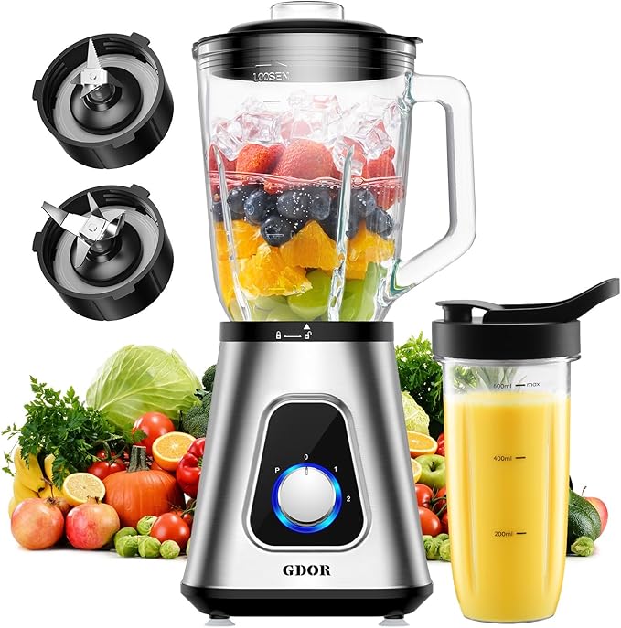 GDOR 1200W Blender for Smoothies and Shakes, 52 Oz Countertop Blender & 22 Oz Personal Blender Combo, 6-leaf Blade, 3 Adjustable Speed for Juices, Frozen Fruit Drinks, Sauces, Self-Cleaning