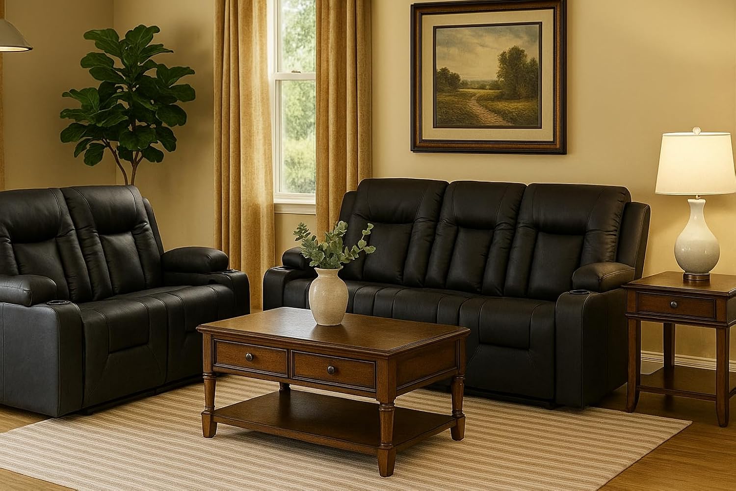 LUCKLIFE Faux Leather Recliner Sofa Set,Manual Living Room Furniture Sets | 3 Seat Reclining Sofa Couch and Loveseat with Cup Holders for Meeting Room,3+2