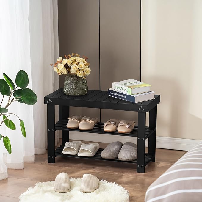 Apicizon Bamboo Shoe Rack for Entryway, 3-Tier Shoe Rack Bench for Front Door Entrance, Small Shoe Organizer with Storage, Black