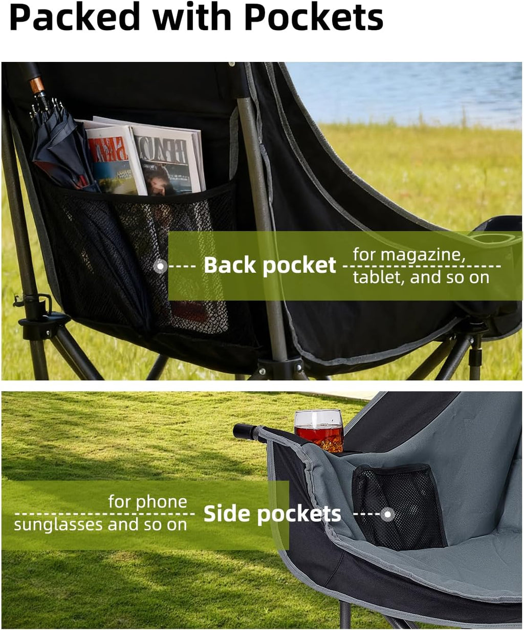 Abahub Camping Chairs Oversized Padded Heavy Duty Quad Foldable Portable Folding Chairs XL Lawn Chairs Wide Giant Big for Adults Support 500 lbs for Outdoors Black Grey