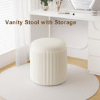 Round Ottoman with Storage Set of 2, White Vanity Stool, Upholstered Velvet Storage Ottomans, Makeup Chair Seat for Bedroom, Small Pouf Footstool for Living Room
