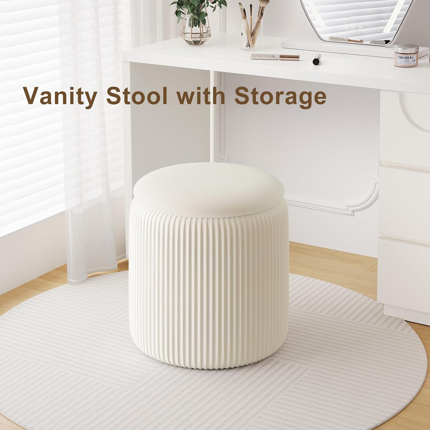 Round Ottoman with Storage Set of 2, White Vanity Stool, Upholstered Velvet Storage Ottomans, Makeup Chair Seat for Bedroom, Small Pouf Footstool for Living Room