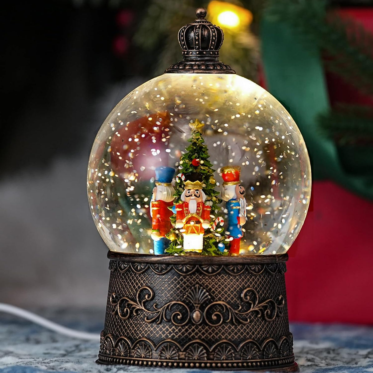Snow Globe with Nutcrackers, Light Up Christmas Snow Globes with Music Timer - USB Plug or Battery Operated Glitter Globe Indoor Christmas Decorations