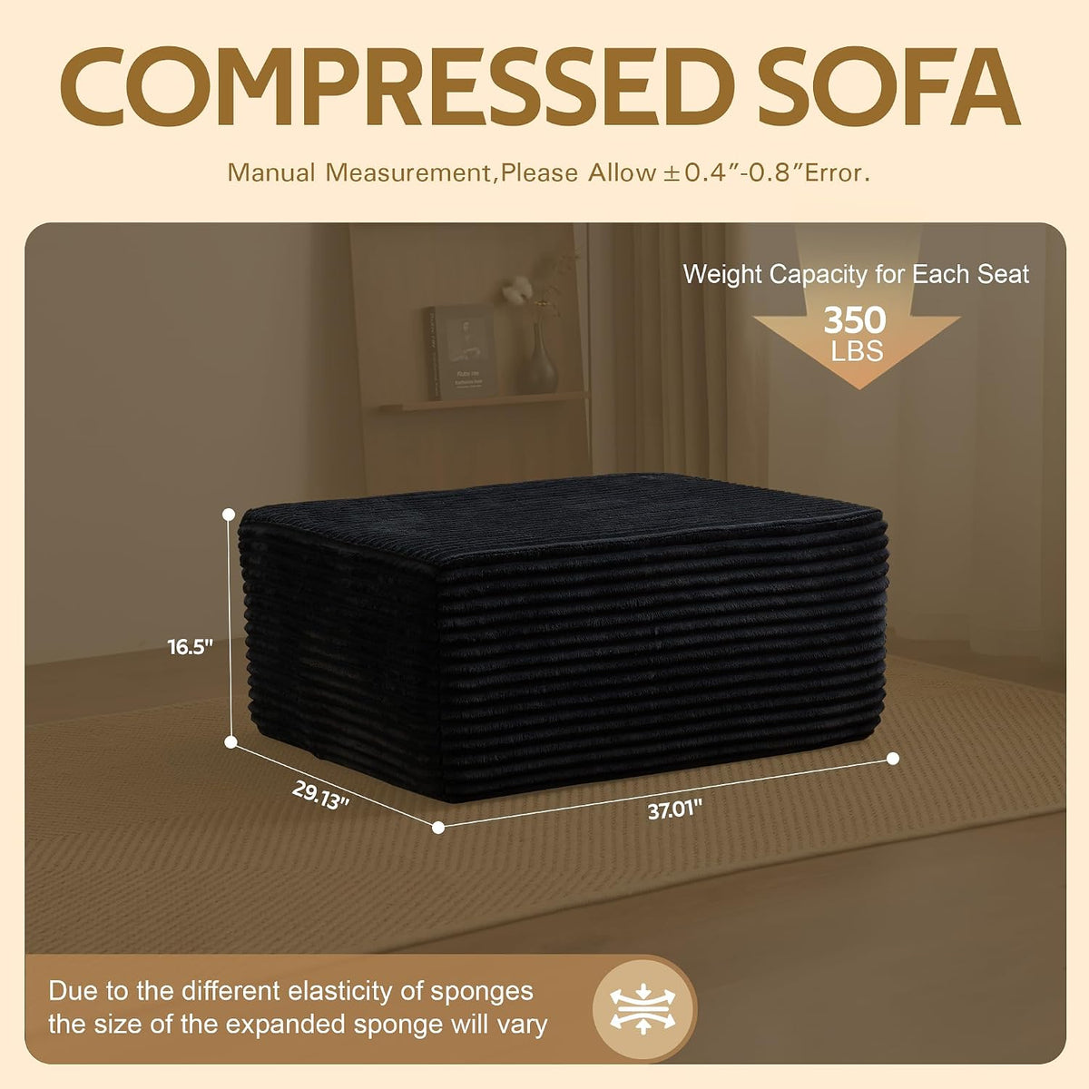 37" Square Cloud Couch Ottoman Footstool, Upholstered Foam Filling Footrest Ottomans for Couch,Large Seat,Soft Fluffy Foot Stool for Living Room Bedroom, No Assembly Required,Black,Plush Corduroy