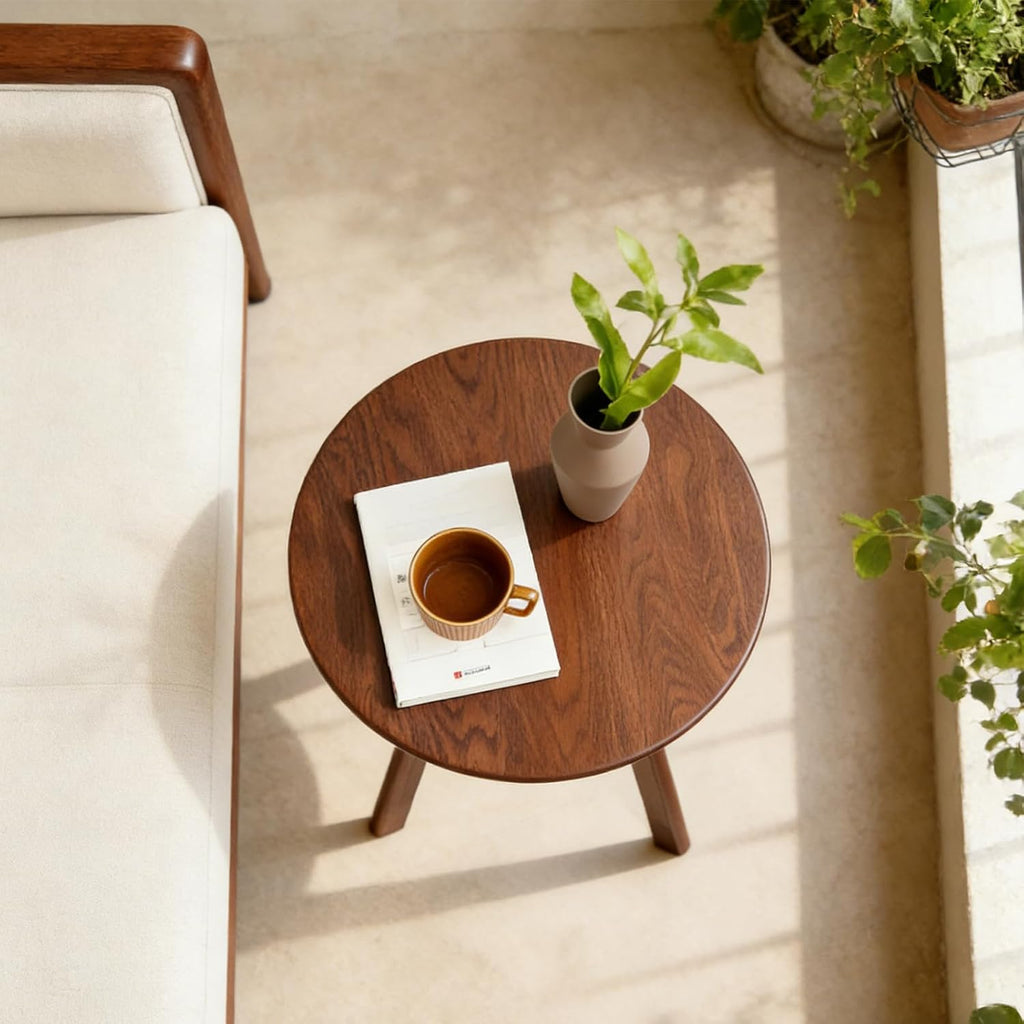 Walnut Small Round Side Table, Solid Oak Wood End Table with 3-Leg Design for Living Room, Bedroom & Office – Walnut Finish, Space-Saving Accent Table