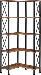 HOOBRO Corner Bookshelf, 5-Tier L-Shaped Bookcase, Industrial Open Display Shelf Tall Storage Organizer, Vertical Storage Rack, for Living Room, Home Office, Rustic Brown and Black BF60SJ01